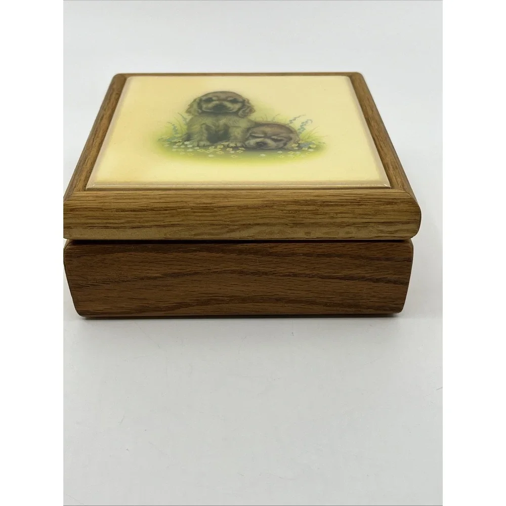 Vtg Kimberly Graphic Art Tile Jewelry Box Cocker Spaniel Puppies 5